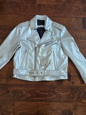 Markoo Silver Leather Moto Jacket Size Medium